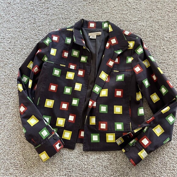Transition Women’s Small Blazer Chocolate Brown Square Pattern Retro Fully Lined - Picture 1 of 5